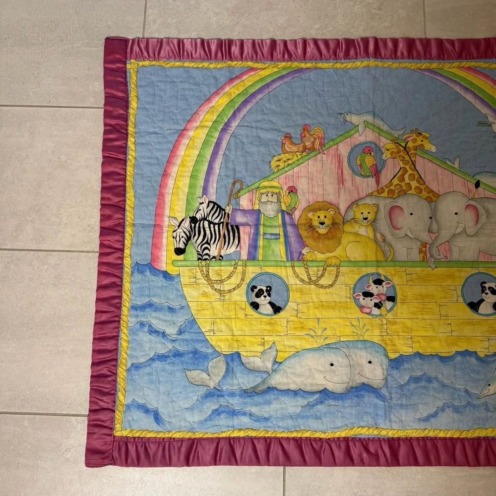 Handmade‎ Quilt Noahs Ark Baby Blanket Toddler Nursery Throw Animals 34x42